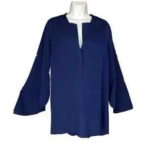 Soft Surroundings Navy Split V Neck M Blouse Popover Bell Sleeve Top Tunic